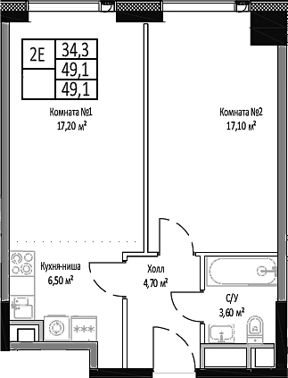 Планировка — Мираполис, 2-комн., 49 м²
