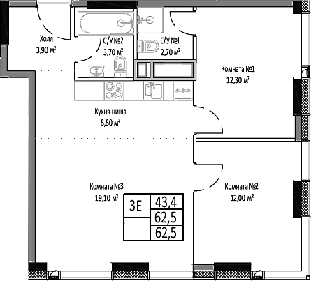 Планировка — Мираполис, 3-комн., 63 м²