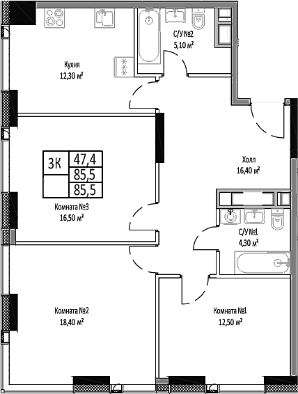 Планировка — Мираполис, 3-комн., 86 м²