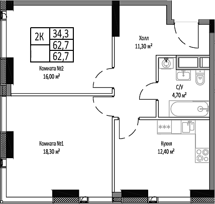 Планировка — Мираполис, 2-комн., 63 м²