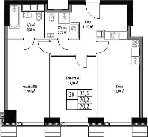 Планировка — Мираполис, 2-комн., 70 м²