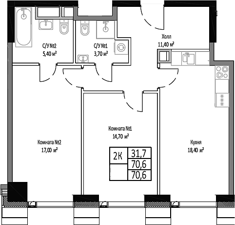 Планировка — Мираполис, 2-комн., 71 м²