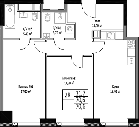 Планировка — Мираполис, 2-комн., 71 м²