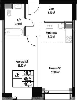 Планировка — Мираполис, 2-комн., 47 м²