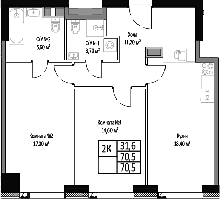 Планировка — Мираполис, 2-комн., 71 м²