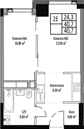 Планировка — Мираполис, 2-комн., 41 м²