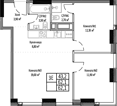 Планировка — Мираполис, 3-комн., 62 м²