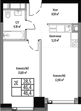 Планировка — Мираполис, 2-комн., 46 м²