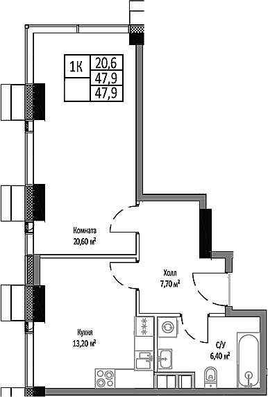 Планировка — Мираполис, 1-комн., 48 м²