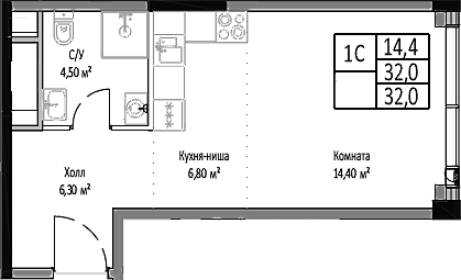Планировка — Мираполис, Студия, 32 м²