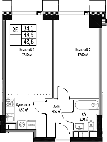 Планировка — Мираполис, 2-комн., 49 м²