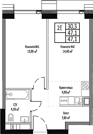 Планировка — Мираполис, 2-комн., 47 м²