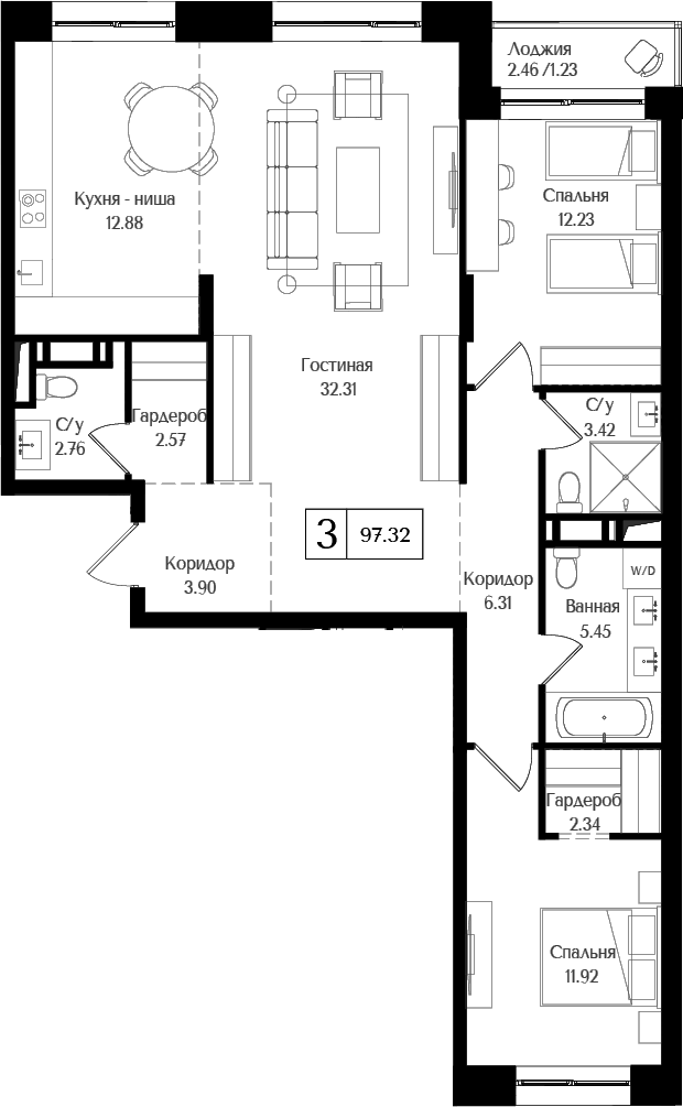 Планировка — Преображенская площадь, 3-комн., 96 м²