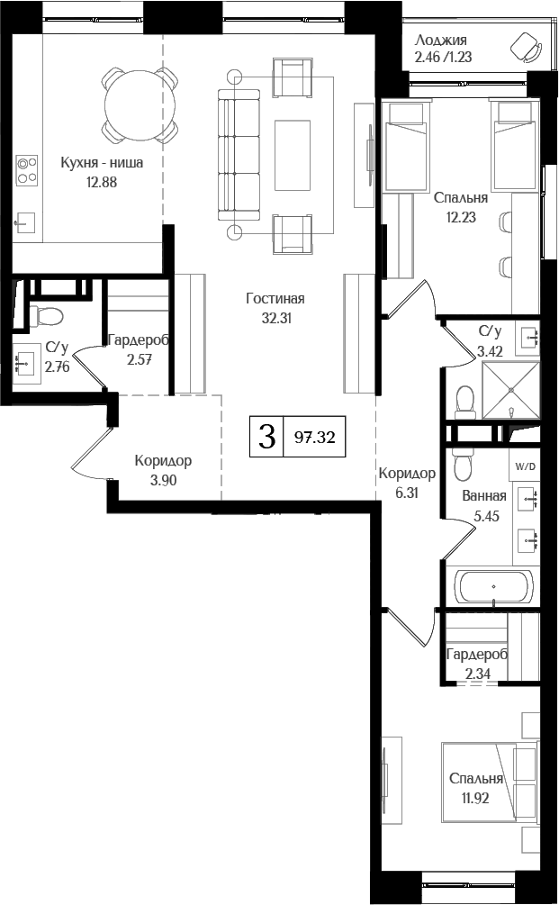 Планировка — Преображенская площадь, 3-комн., 96 м²
