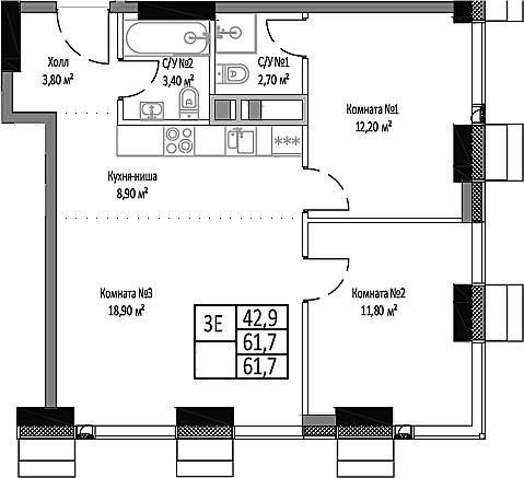 Планировка — Мираполис, 3-комн., 62 м²