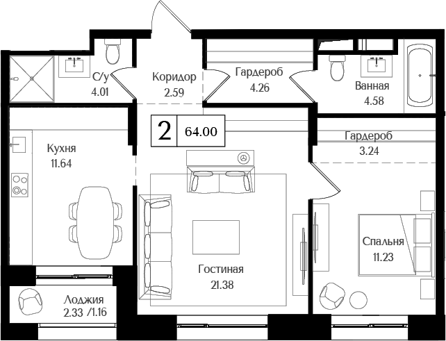 Планировка — Преображенская площадь, 2-комн., 63 м²
