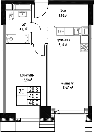 Планировка — Мираполис, 2-комн., 46 м²