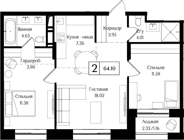 Планировка — Преображенская площадь, 3-комн., 63 м²