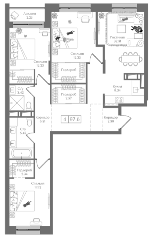 Планировка — Преображенская площадь, 4-комн., 96 м²