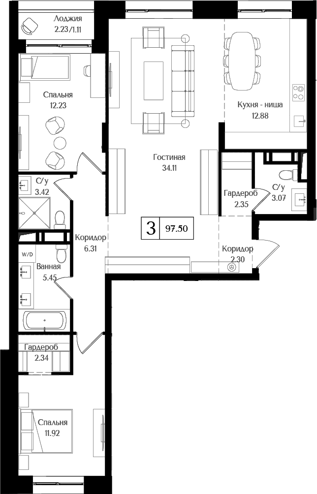 Планировка — Преображенская площадь, 3-комн., 96 м²