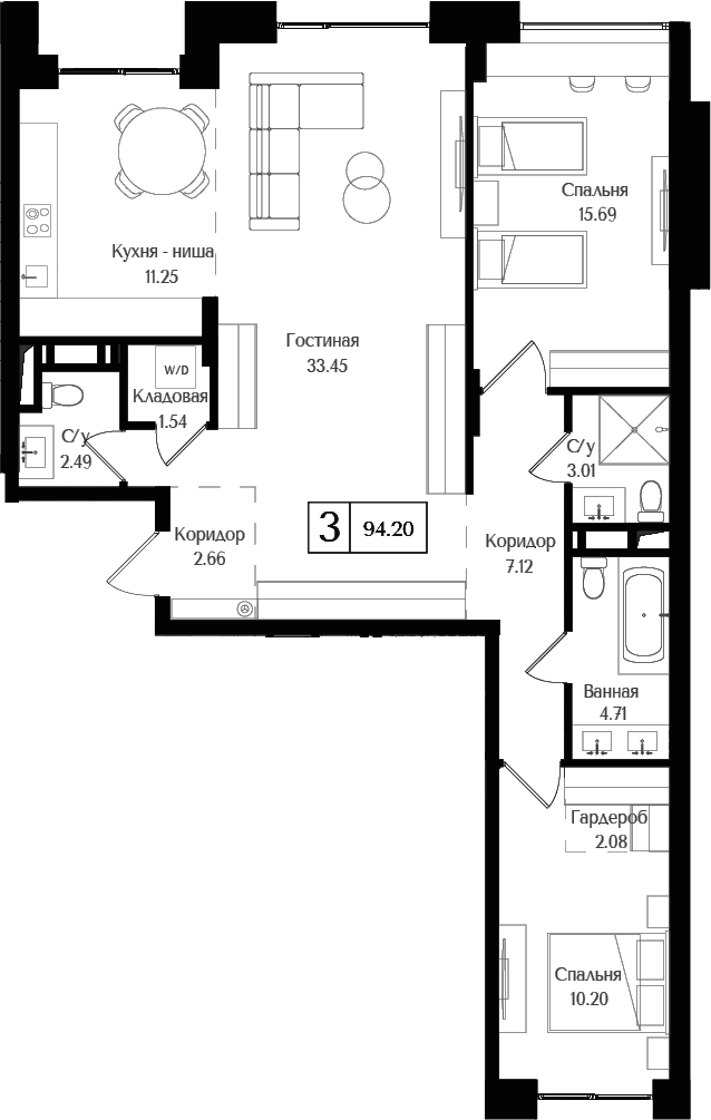 Планировка — Преображенская площадь, 3-комн., 94 м²