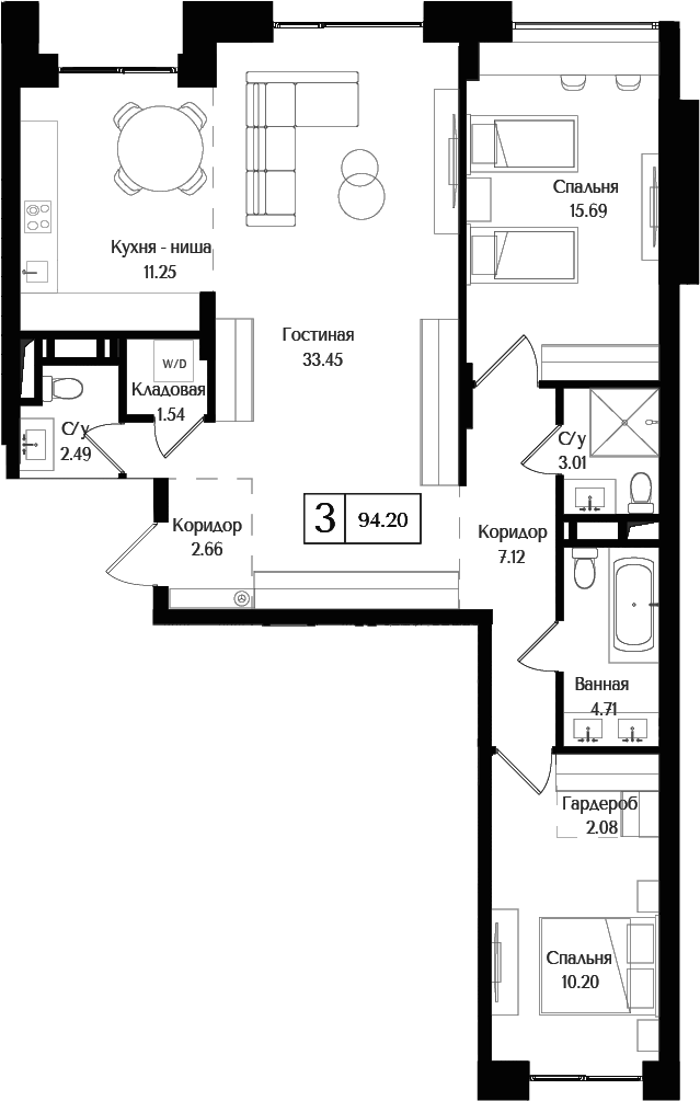 Планировка — Преображенская площадь, 3-комн., 94 м²