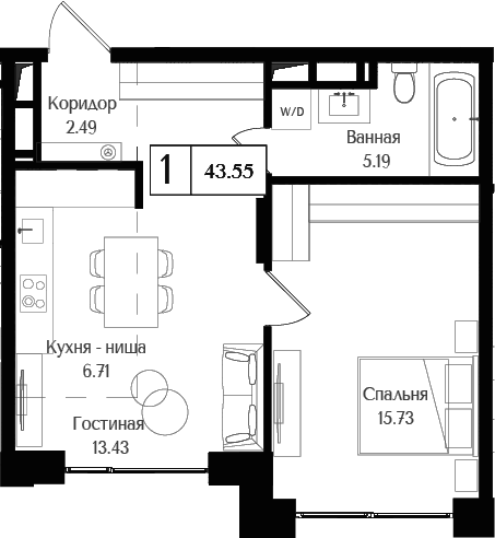 Планировка — Преображенская площадь, 2-комн., 44 м²