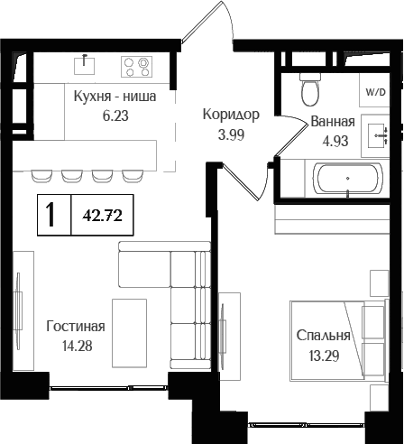 Планировка — Преображенская площадь, 2-комн., 43 м²