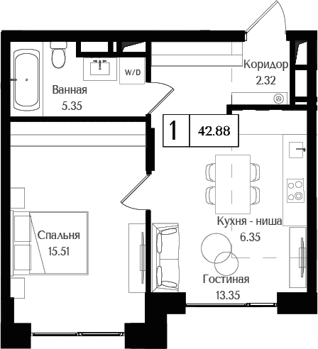 Планировка — Преображенская площадь, 2-комн., 43 м²