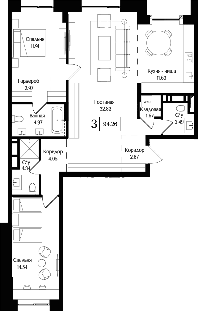 Планировка — Преображенская площадь, 3-комн., 94 м²