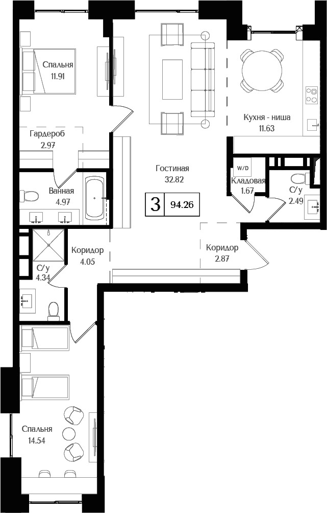 Планировка — Преображенская площадь, 3-комн., 94 м²