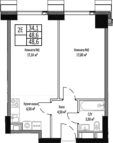 Планировка — Мираполис, 2-комн., 49 м²