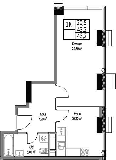 Планировка — Мираполис, 1-комн., 43 м²