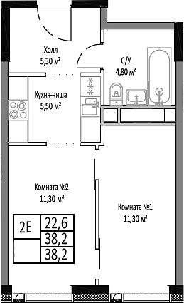 Планировка — Мираполис, 2-комн., 38 м²