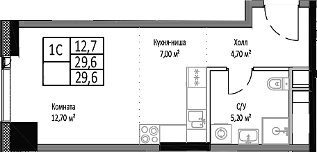Планировка — Мираполис, Студия, 30 м²