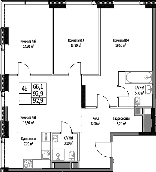 Планировка — Мираполис, 4-комн., 93 м²