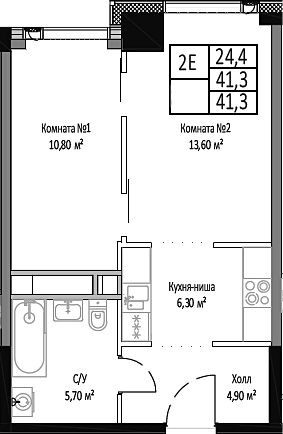 Планировка — Мираполис, 2-комн., 41 м²