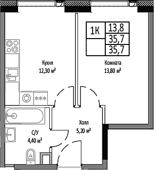 Планировка — Мираполис, 1-комн., 36 м²