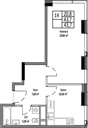 Планировка — Мираполис, 1-комн., 44 м²