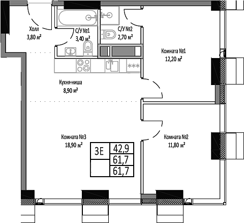 Планировка — Мираполис, 3-комн., 62 м²