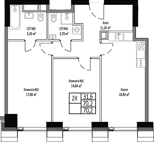 Планировка — Мираполис, 2-комн., 70 м²
