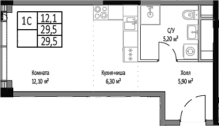 Планировка — Мираполис, Студия, 30 м²