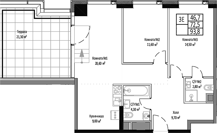 Планировка — Мираполис, 3-комн., 73 м²