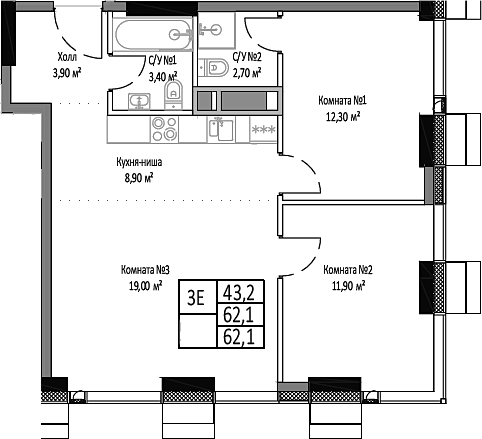 Планировка — Мираполис, 3-комн., 62 м²