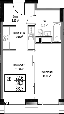 Планировка — Мираполис, 2-комн., 38 м²
