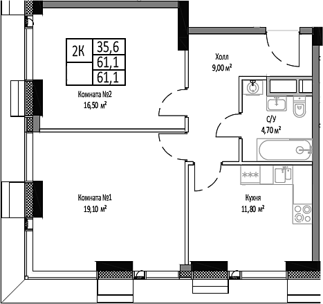 Планировка — Мираполис, 2-комн., 61 м²