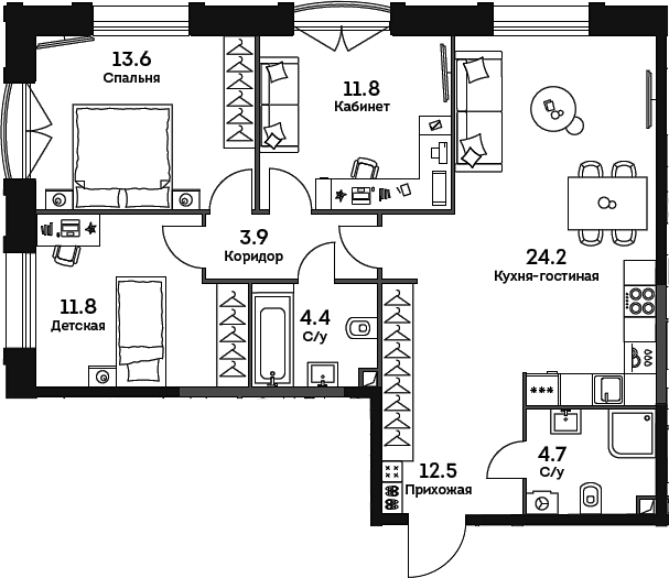 Планировка — Era, 4-комн., 87 м²