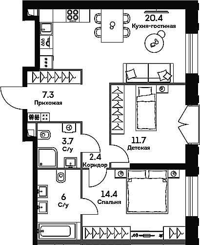 Планировка — Era, 3-комн., 66 м²