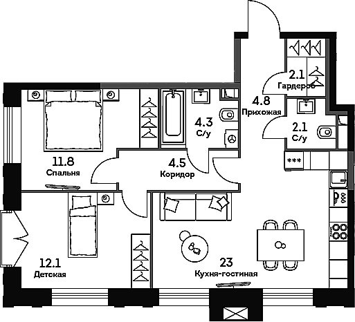 Планировка — Era, 3-комн., 65 м²
