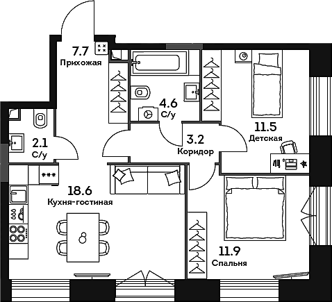 Планировка — Era, 3-комн., 60 м²